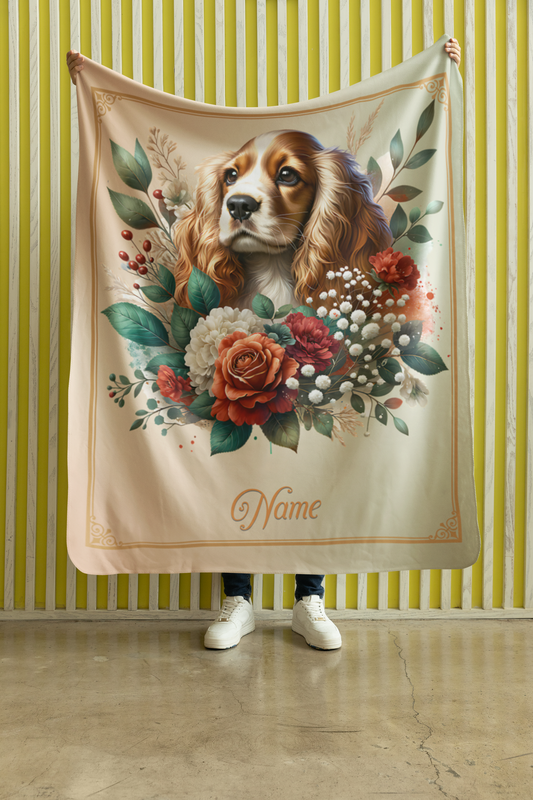 Personalized Cocker Spaniel with Flowers Throw Blanket - 50"x60" Custom Name Blanket