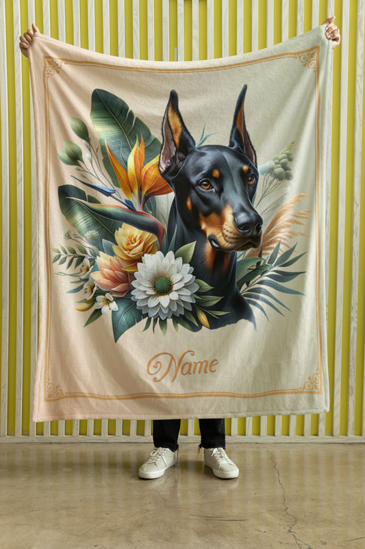 Personalized Doberman Pinscher with Flowers Throw Blanket - 50"x60" Custom Name Blanket