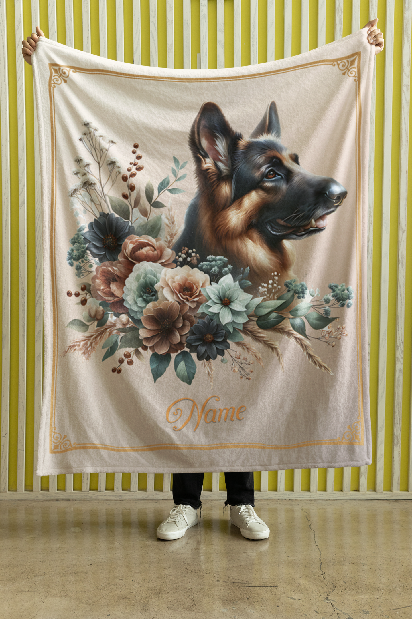 Personalized German Shepherd with Flowers Throw Blanket - 50"x60" Custom Name Blanket