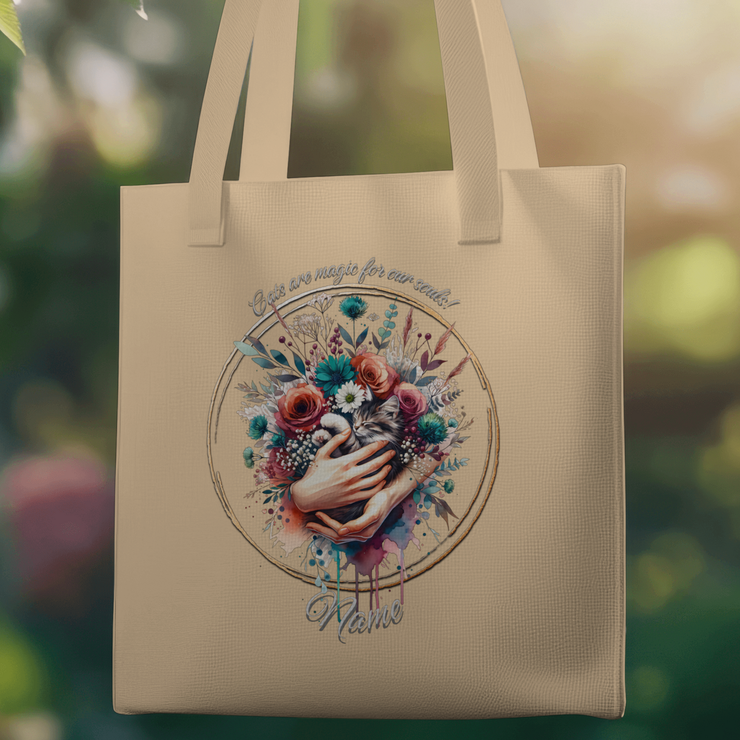 Personalized Grey Kitten Held in Loving Hands with Mixed Blooms Eco Tote Bag — Custom Name Gift
