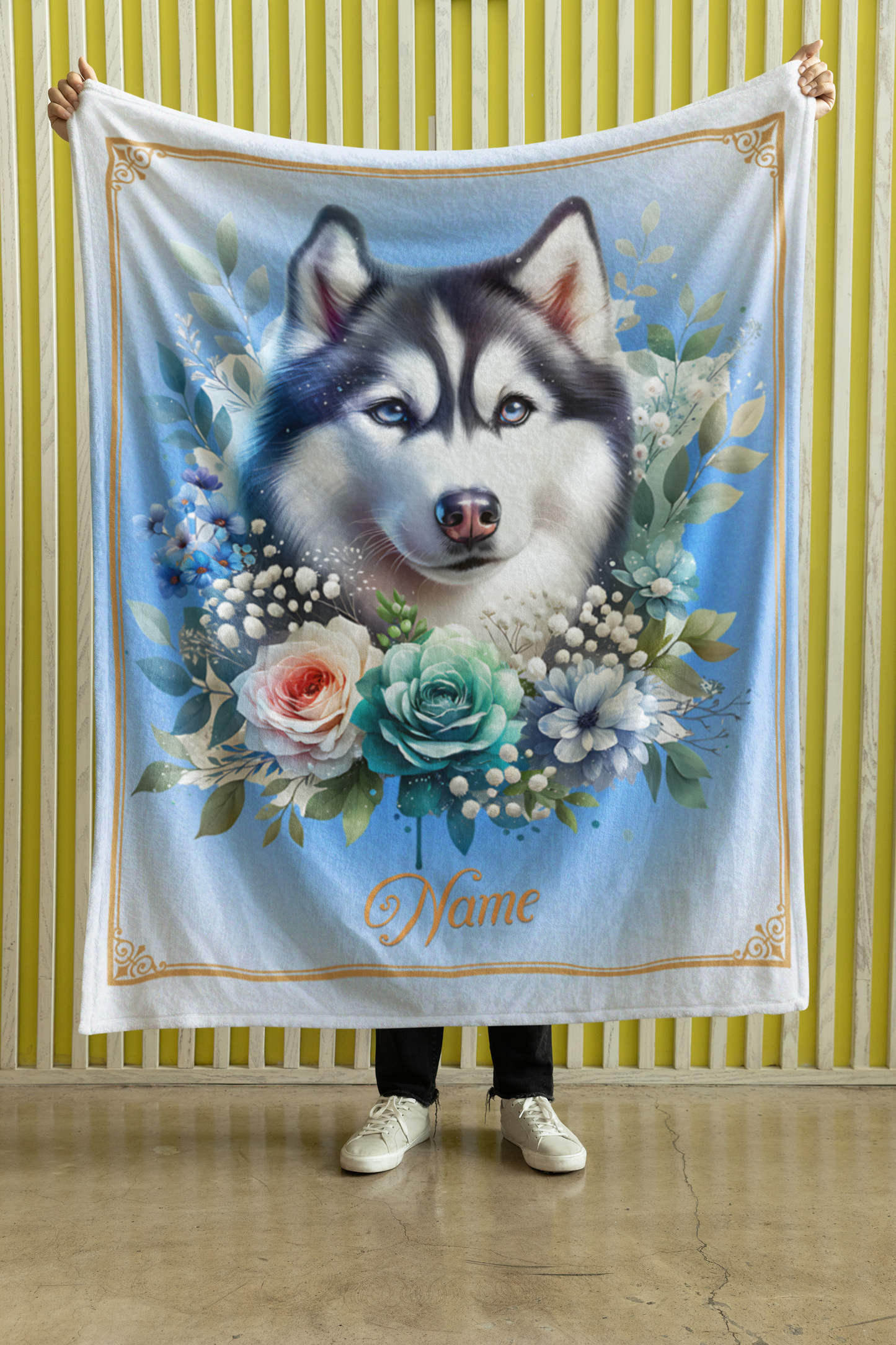 Personalized Siberian Husky with Flowers Throw Blanket - 50"x60" Custom Name Blanket