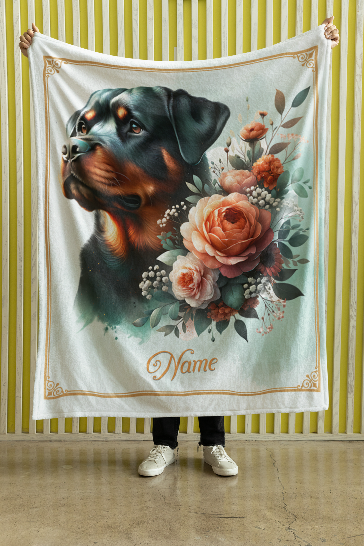 Personalized Rottweiler with Flowers Throw Blanket - 50"x60" Custom Name Blanket