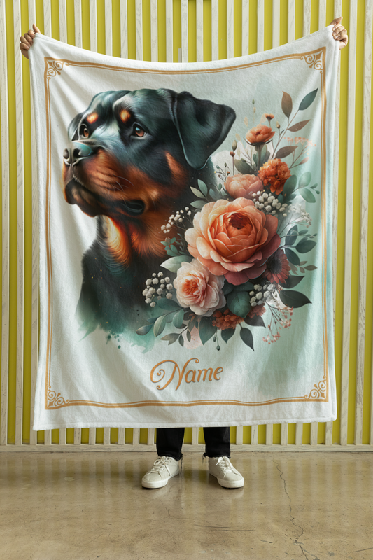 Personalized Rottweiler with Flowers Throw Blanket - 50"x60" Custom Name Blanket