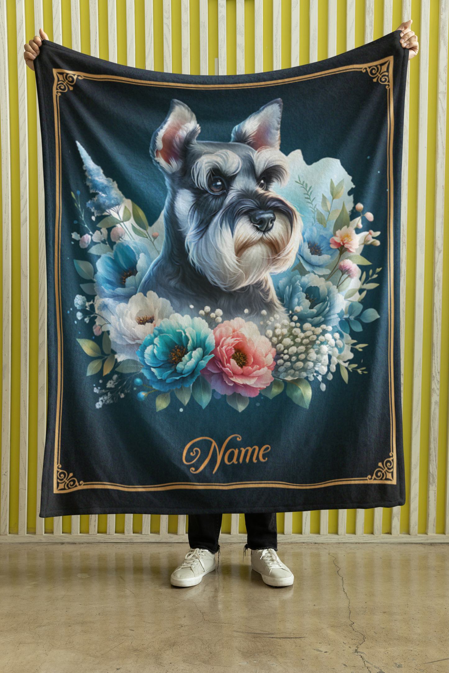Personalized Miniature Schnauzer with Flowers Throw Blanket - 50"x60" Custom Name Blanket
