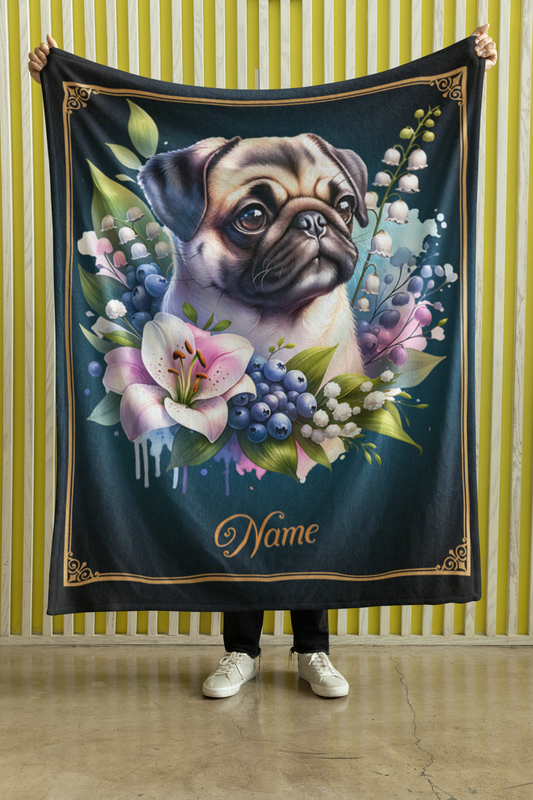 Personalized Fawn Pug with Flowers Throw Blanket - 50"x60" Custom Name Blanket