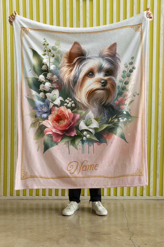 Personalized Yorkshire Terrier with Flowers Throw Blanket - 50"x60" Custom Name Blanket