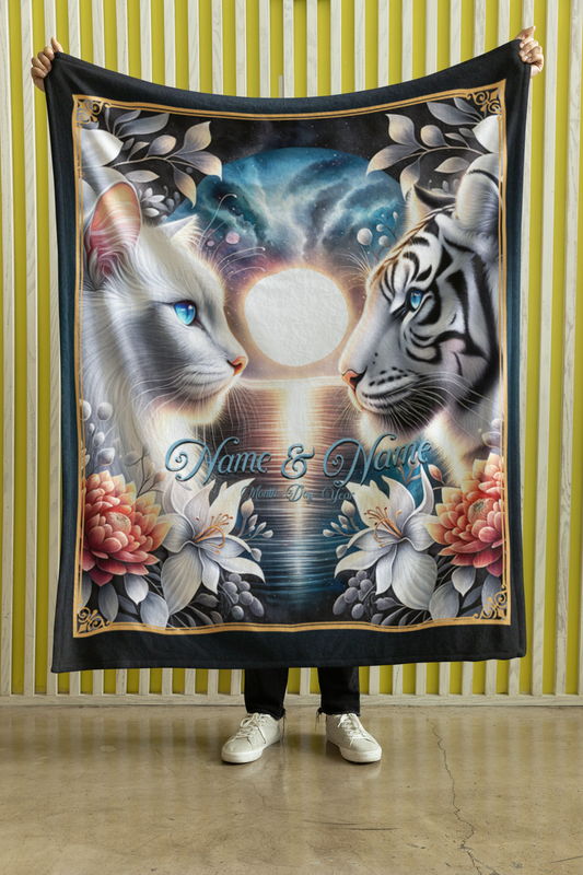 Personalized White Cat & White Tiger Couple Throw Blanket — Custom Name Gift