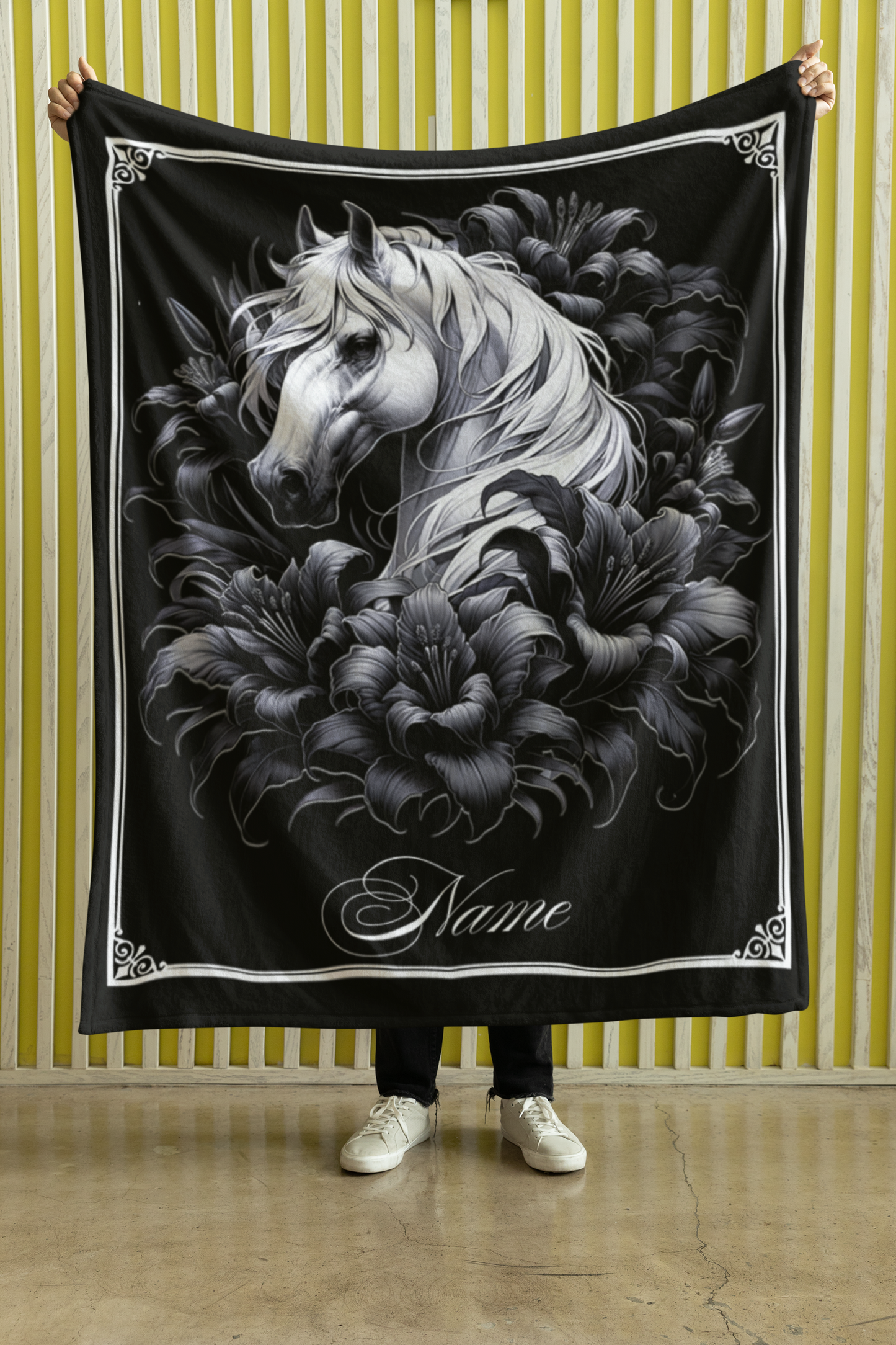 Personalized White Horse Black Lilies Throw Blanket - 50"x60" Custom Name Blanket