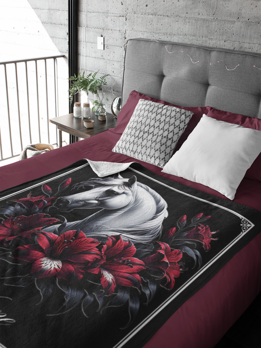Personalized White Horse Blood Red Lilies Throw Blanket - 50"x60" Custom Name Blanket