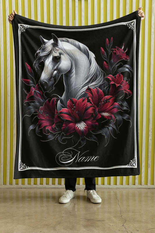 Personalized White Horse with Crimson Lilies Throw Blanket