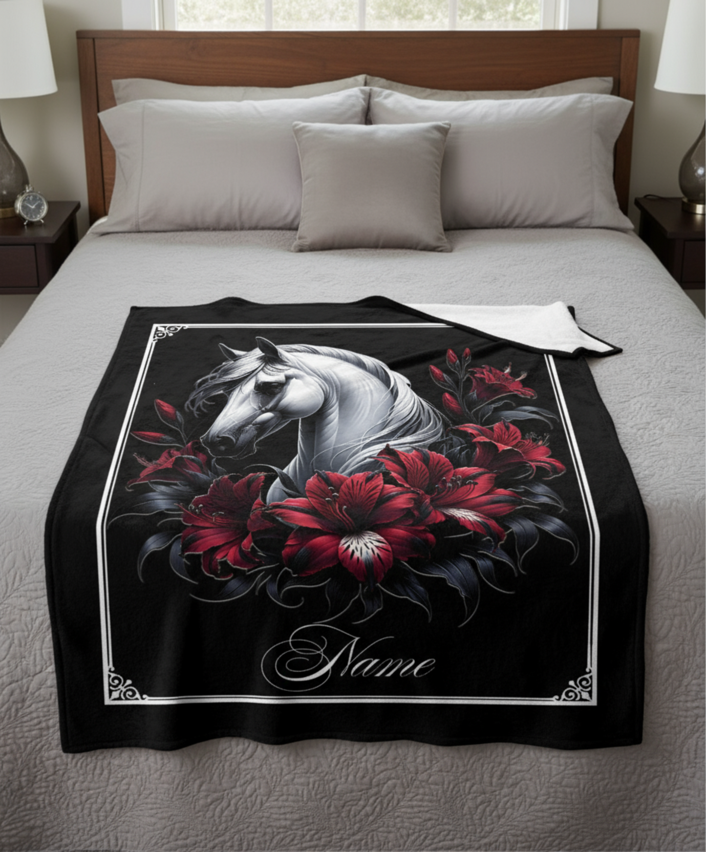 Personalized White Horse with Crimson Lilies Throw Blanket