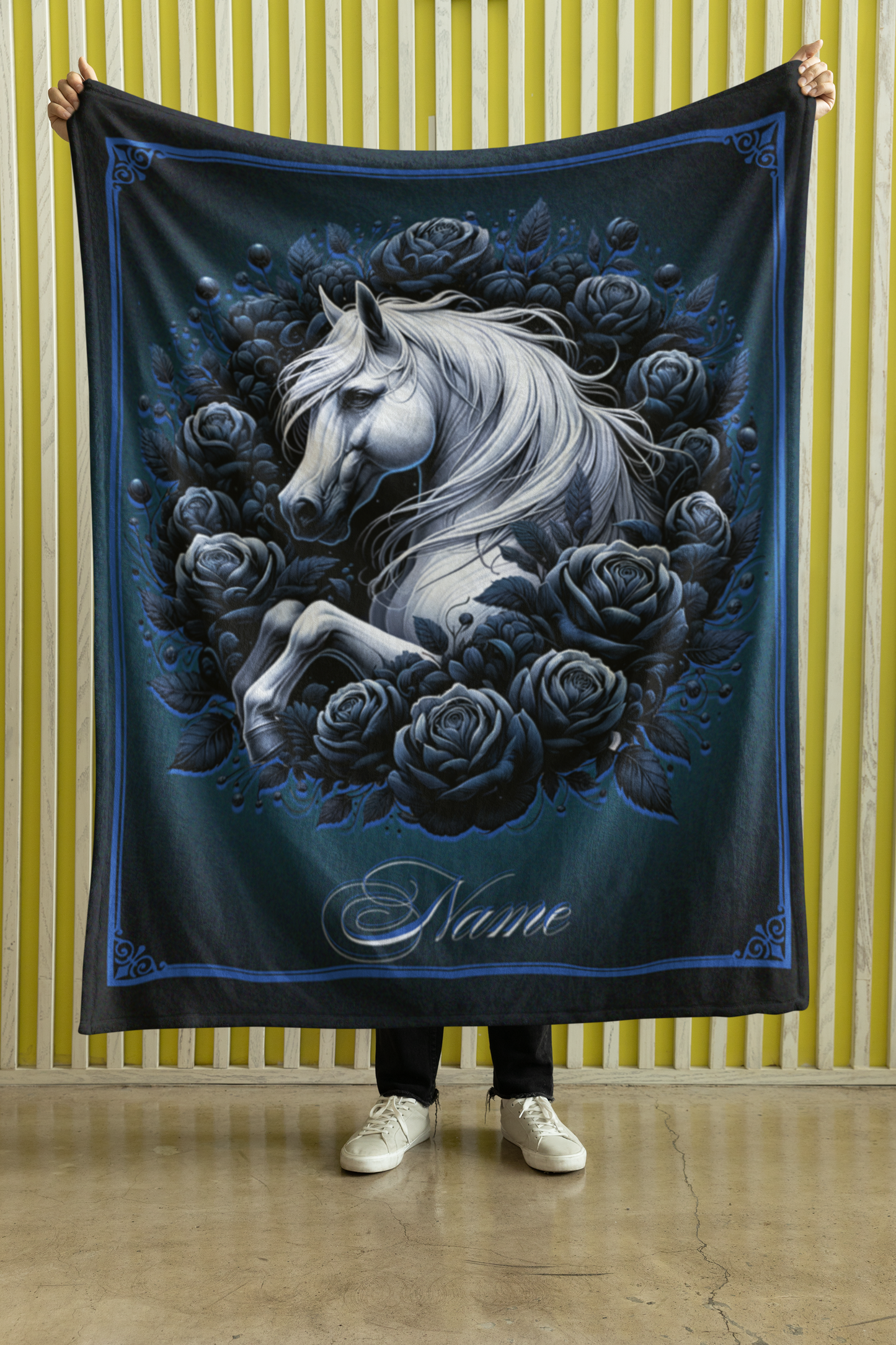 Personalized White Horse Blue Roses Throw Blanket - 50"x60" Custom Name Blanket