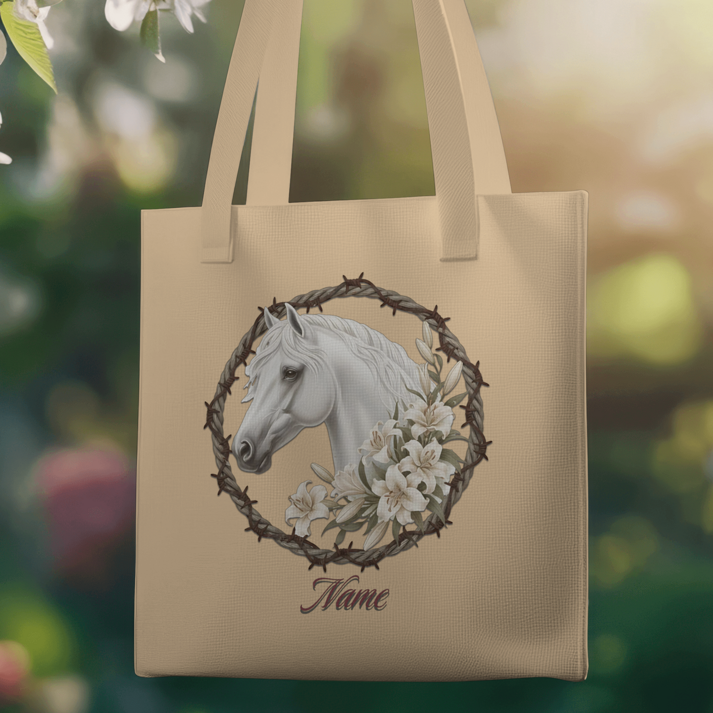 Personalized White Horse in Rope & Barbwire Wreath Eco Tote Bag