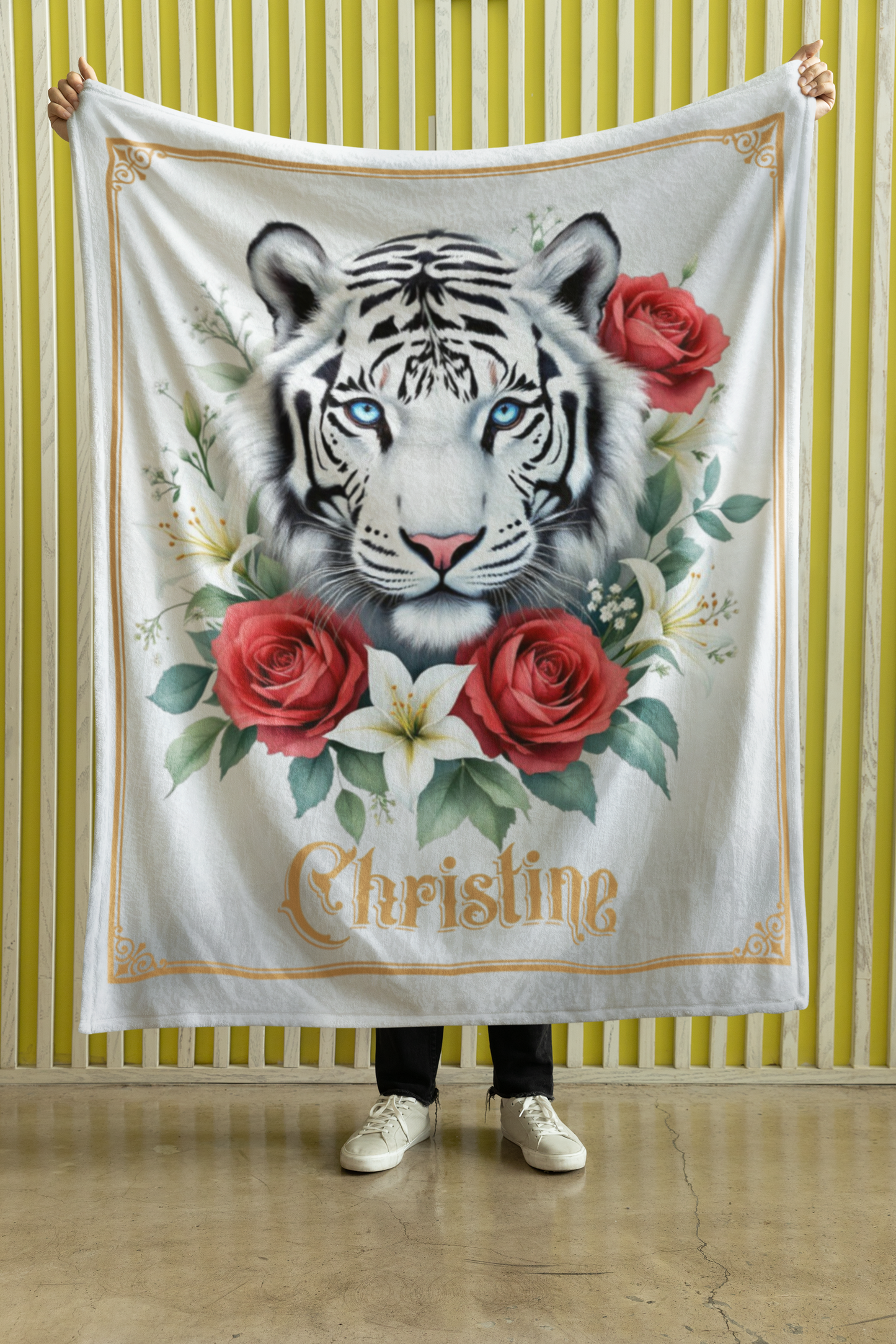 Personalized Blue-Eyed White Tiger with Red Roses and White Lilies Throw Blanket — Custom Name Gift