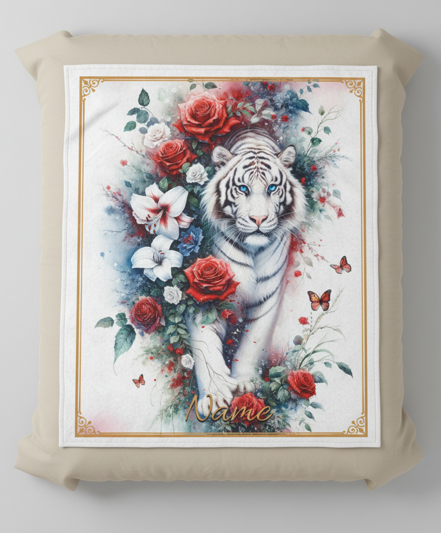 Personalized Blue-Eyed White Tiger with Red Roses and Lilies Throw Blanket — Custom Name Gift