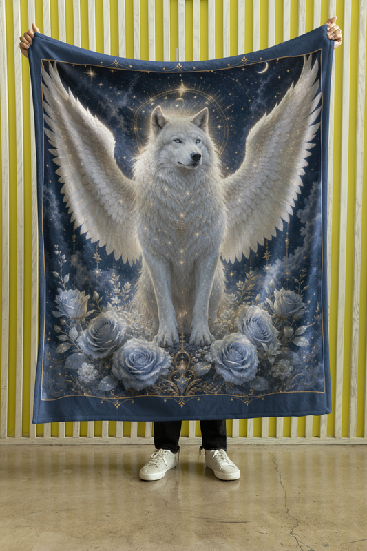 Celestial White Winged Wolf Throw Blanket