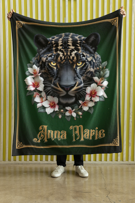 Personalized Dark Fantasy Jaguar with Pink Tropical Flowers Throw Blanket — Custom Name Gift