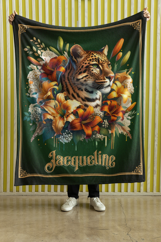 Personalized Leopard with Tiger Lilies and Wildflowers Throw Blanket — Custom Name Gift