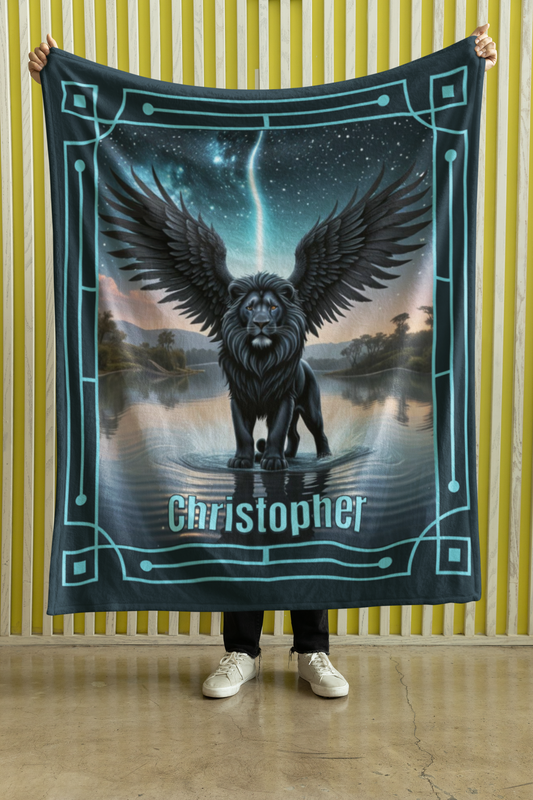 Personalized Black Winged Lion Rising from Starlit Waters Throw Blanket — Custom Name Gift