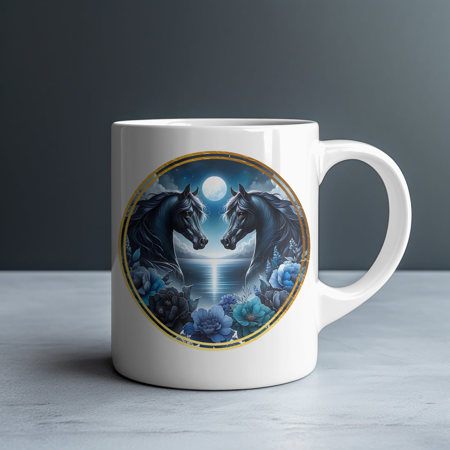 Two Black Horses Moon & Sky Personalized White Glossy Mug