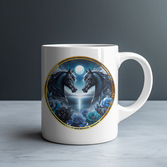 Two Black Horses Moon & Sky Personalized White Glossy Mug