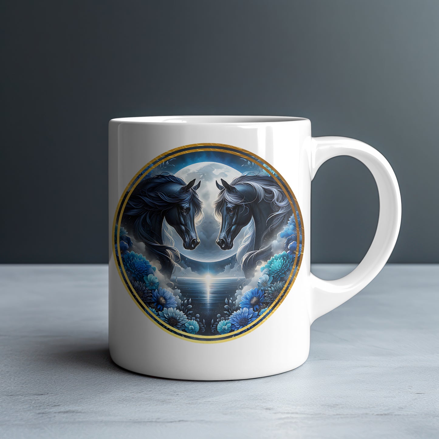 Two Black Horses Full Moon Personalized White Glossy Mug