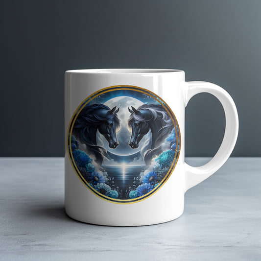Two Black Horses Full Moon Personalized White Glossy Mug
