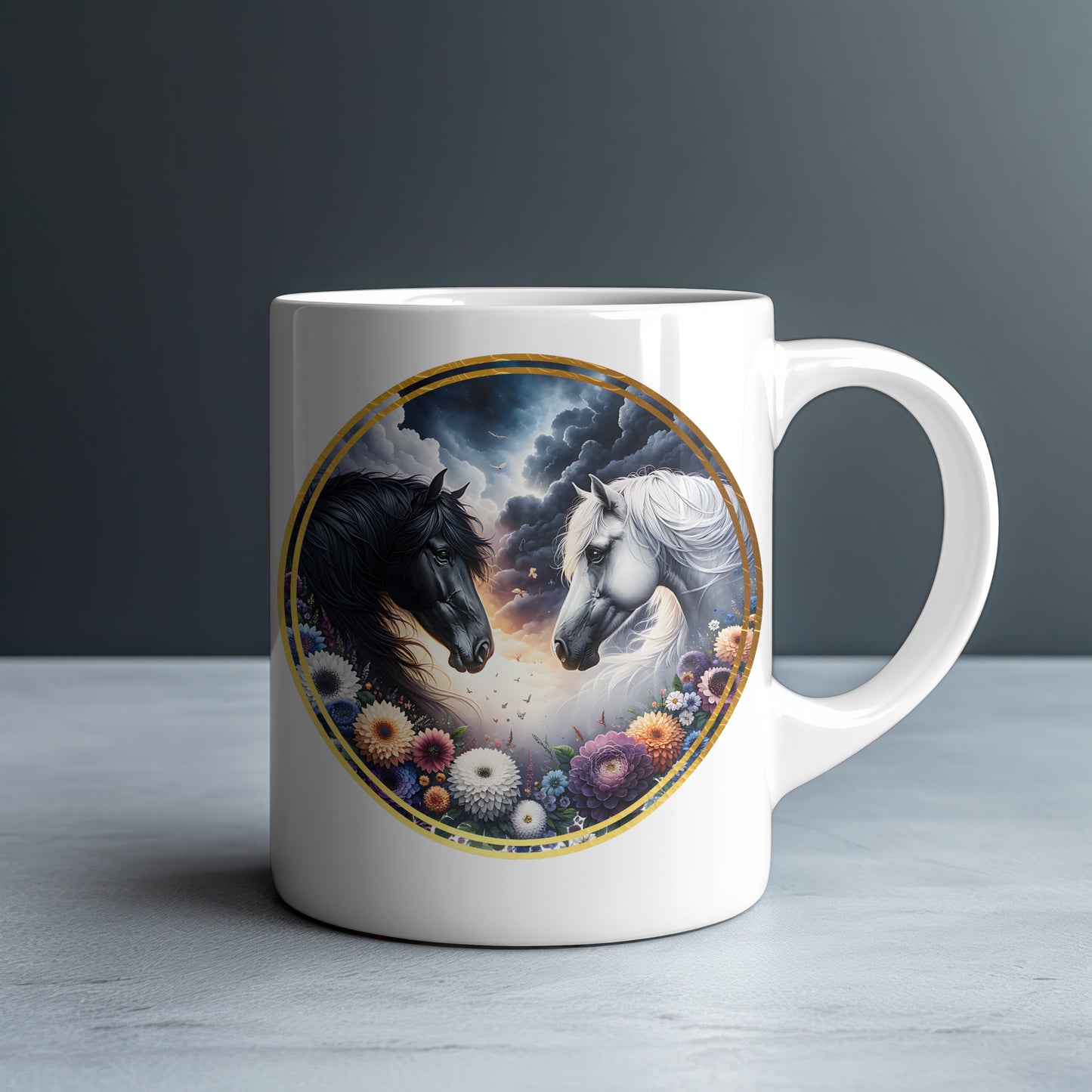 Black & White Horses Personalized White Glossy Mug