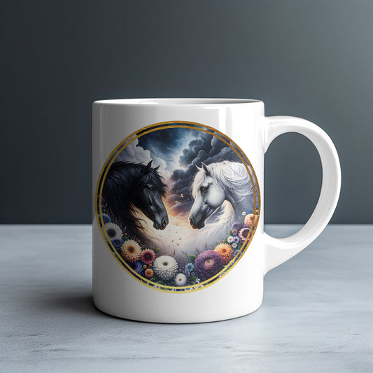 Black & White Horses Personalized White Glossy Mug