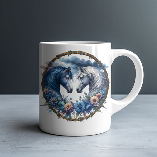 Blue Black & Grey White Horses Personalized White Glossy Mug