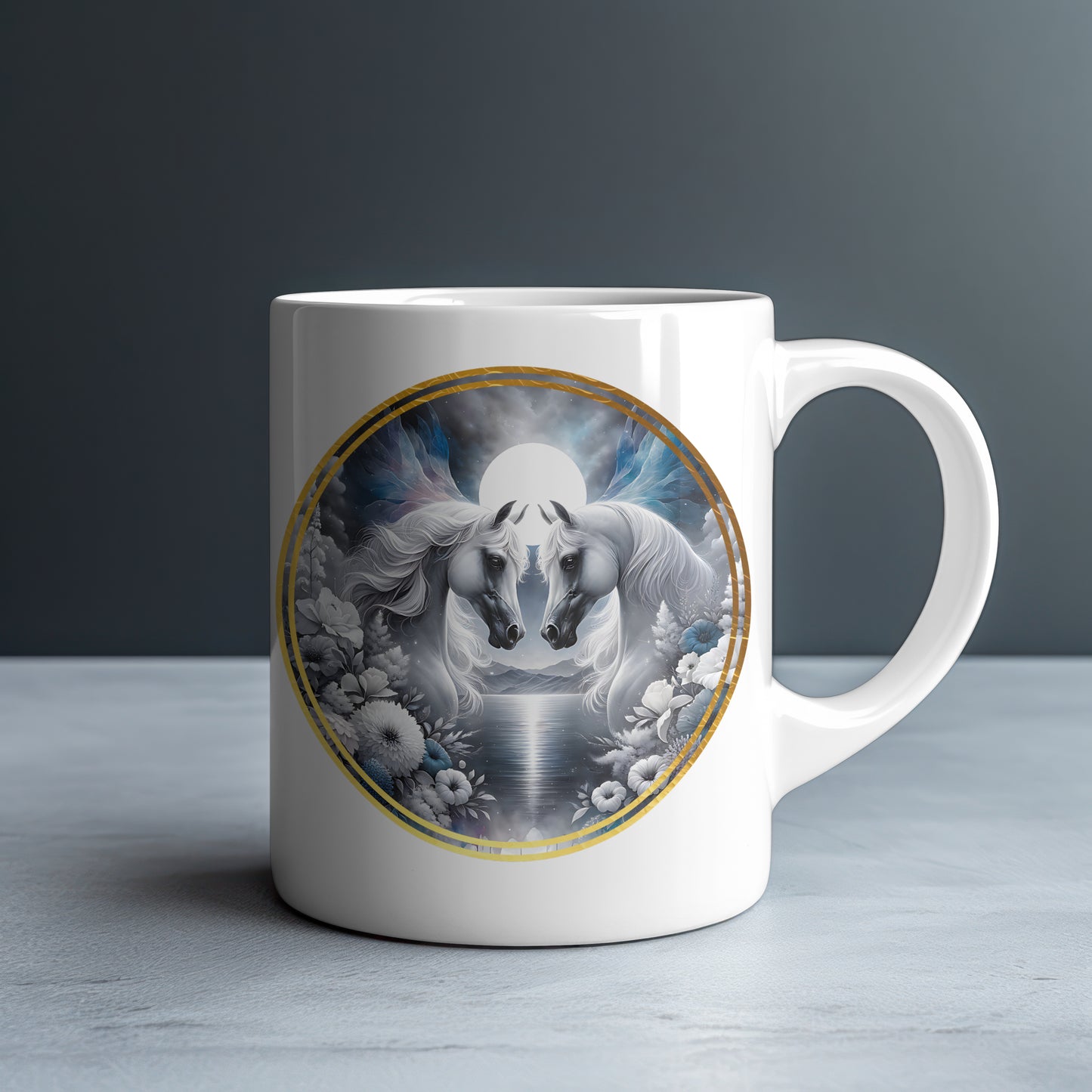 Two White Arabian Horses Aurora Sky Personalized White Glossy Mug