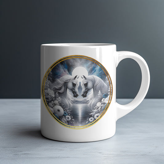 Two White Arabian Horses Aurora Sky Personalized White Glossy Mug