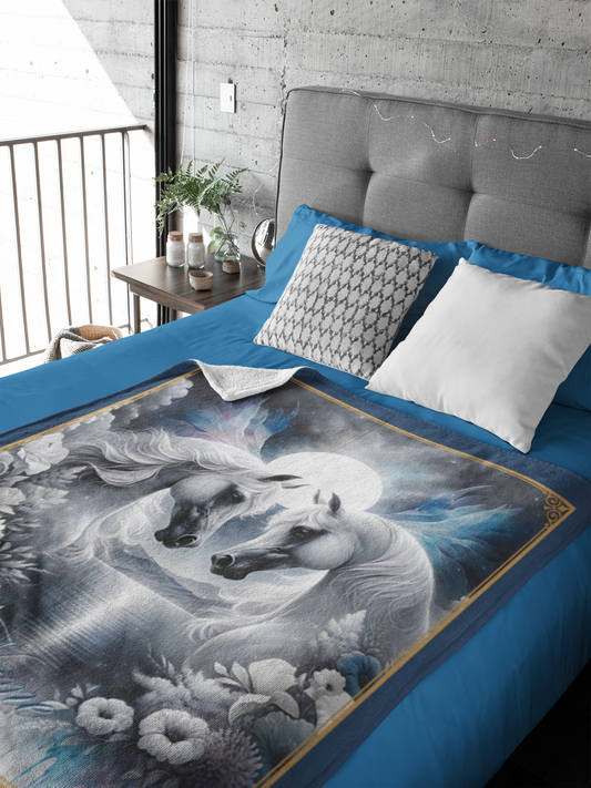 Personalized Ethereal White Arabian Horses Full Moon Throw Blanket - 50"x60" Custom Name Blanket
