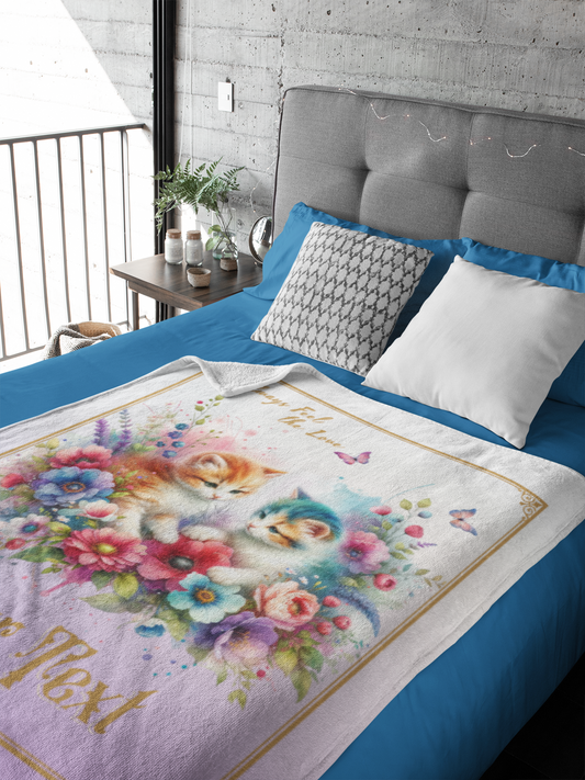 Personalized Two Kittens in Wildflower Bouquet with Butterflies Throw Blanket — Custom Name Gift