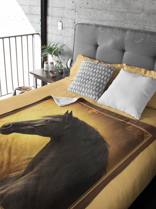 Personalized Black Horse Autumn Leaves Throw Blanket - 50"x60" Custom Name Blanket