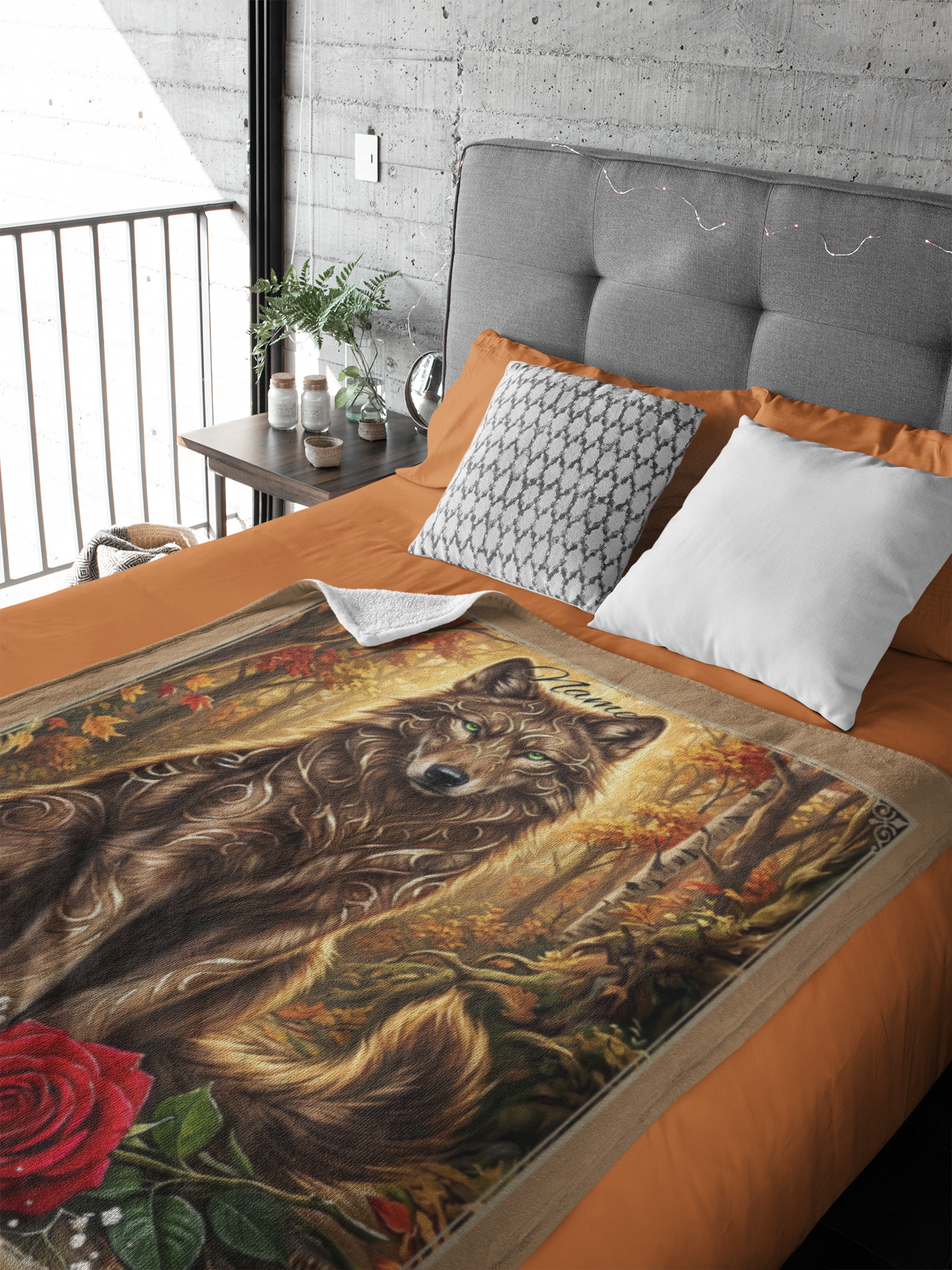Personalized Fantasy Brown Wolf Autumn Forest Throw Blanket