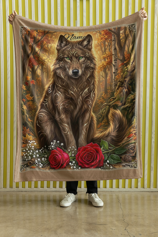Personalized Fantasy Brown Wolf Autumn Forest Throw Blanket