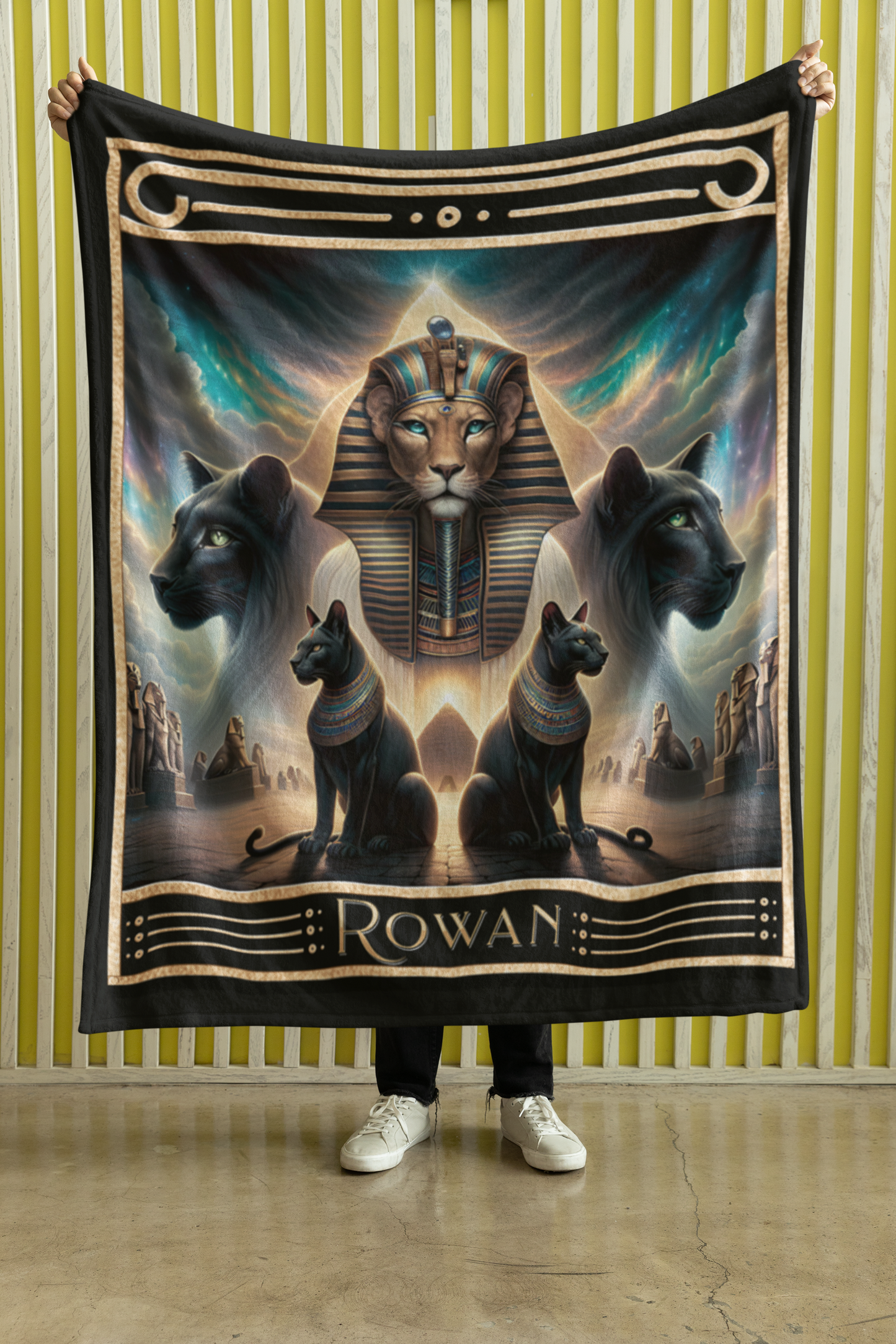 Personalized Egyptian Goddess Sekhmet with Black Cats and Pyramid Throw Blanket — Custom Name Gift
