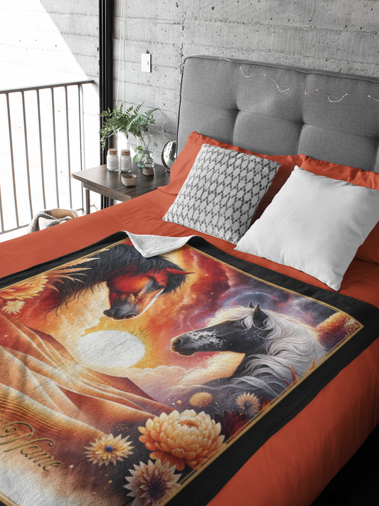 Personalized Bay and Dappled Grey Horses Sunset Couples Throw Blanket - 50"x60" Custom Name Blanket