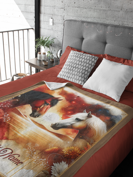 Personalized Bay and Palomino Horses Sunset Couples Throw Blanket - 50"x60" Custom Name Blanket