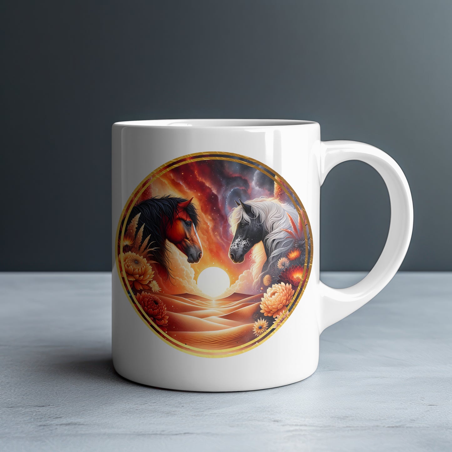 Bay Horse with Dappled Grey Horse Personalized White Glossy Mug