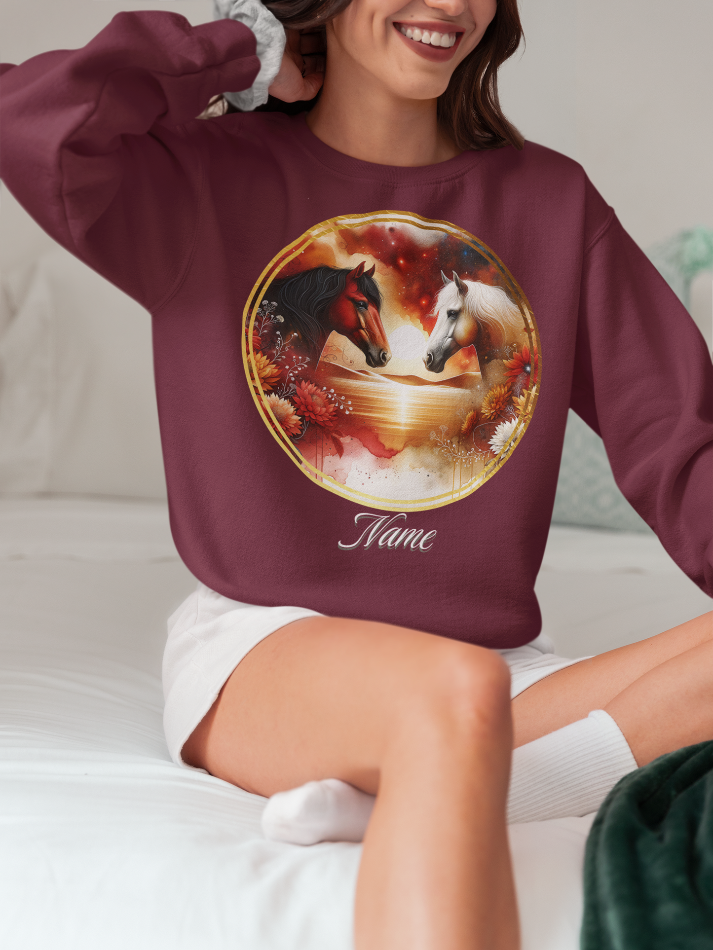 Bay and Palomino Horses Sunset Personalized Sweatshirt