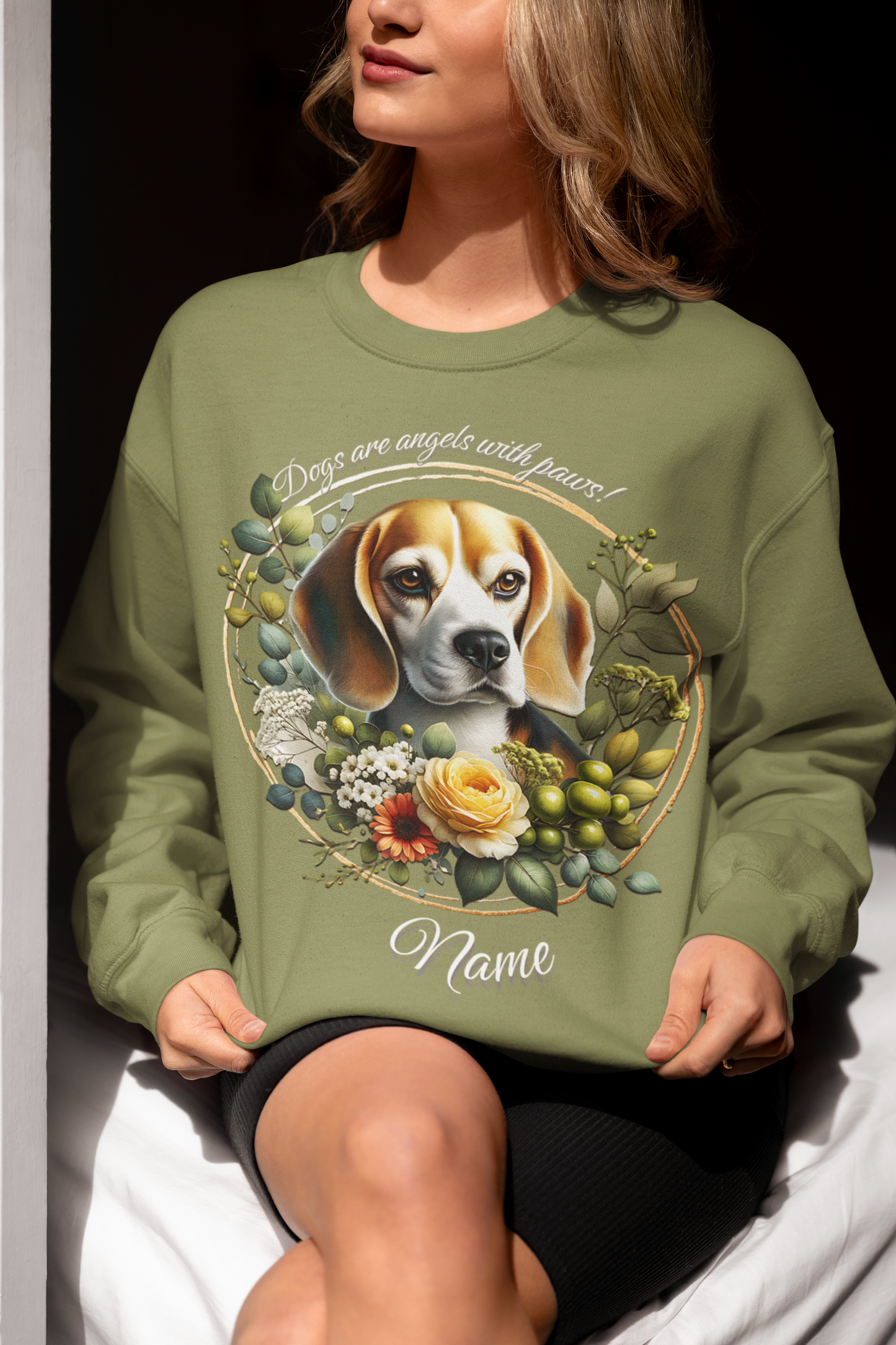 Personalized Beagle with Golden Rose and Daisy Sweatshirt — Custom Name Gift