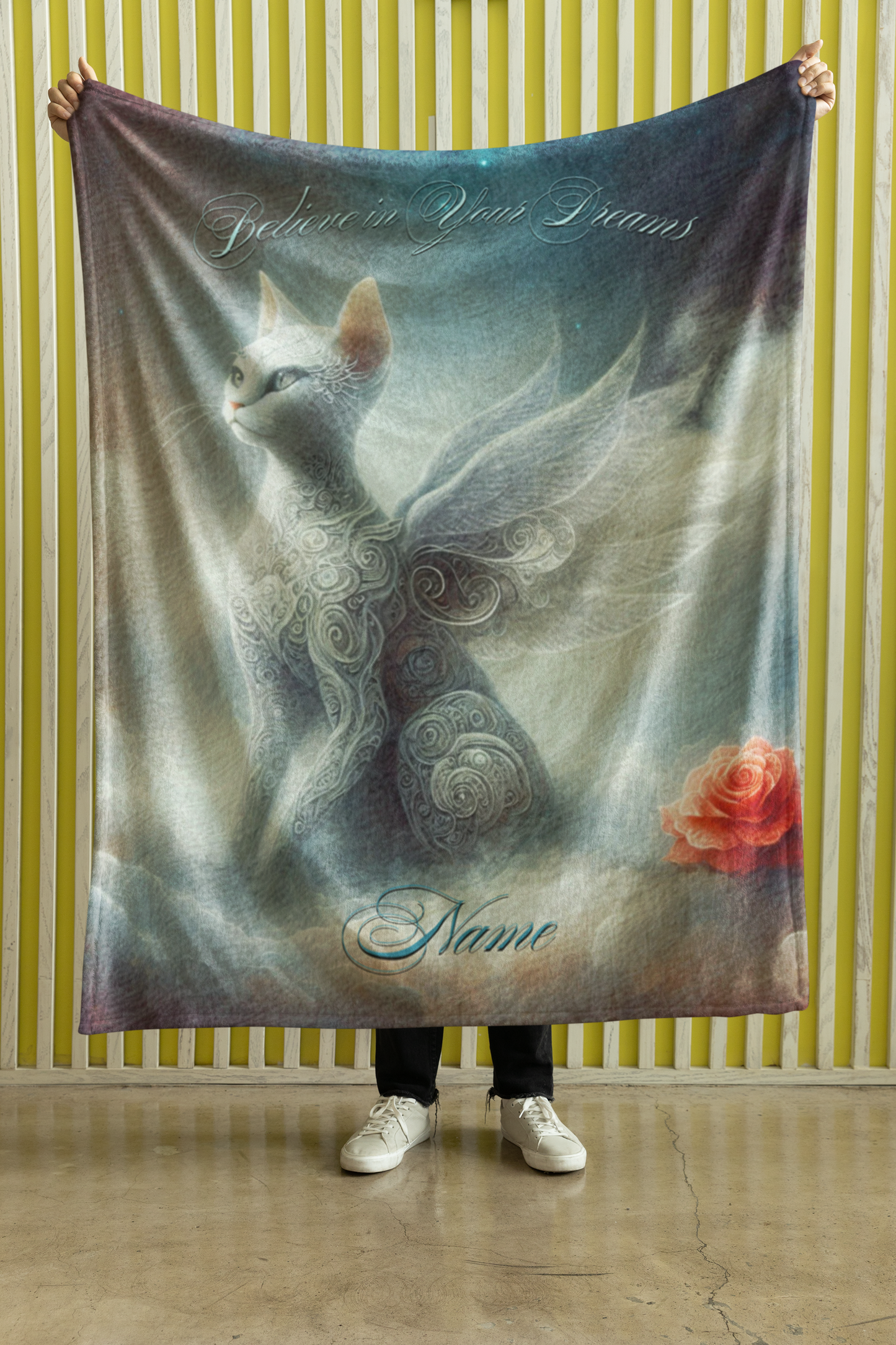 Personalized Fantasy Winged Cat Believe in Your Dreams Throw Blanket — Custom Name Gift