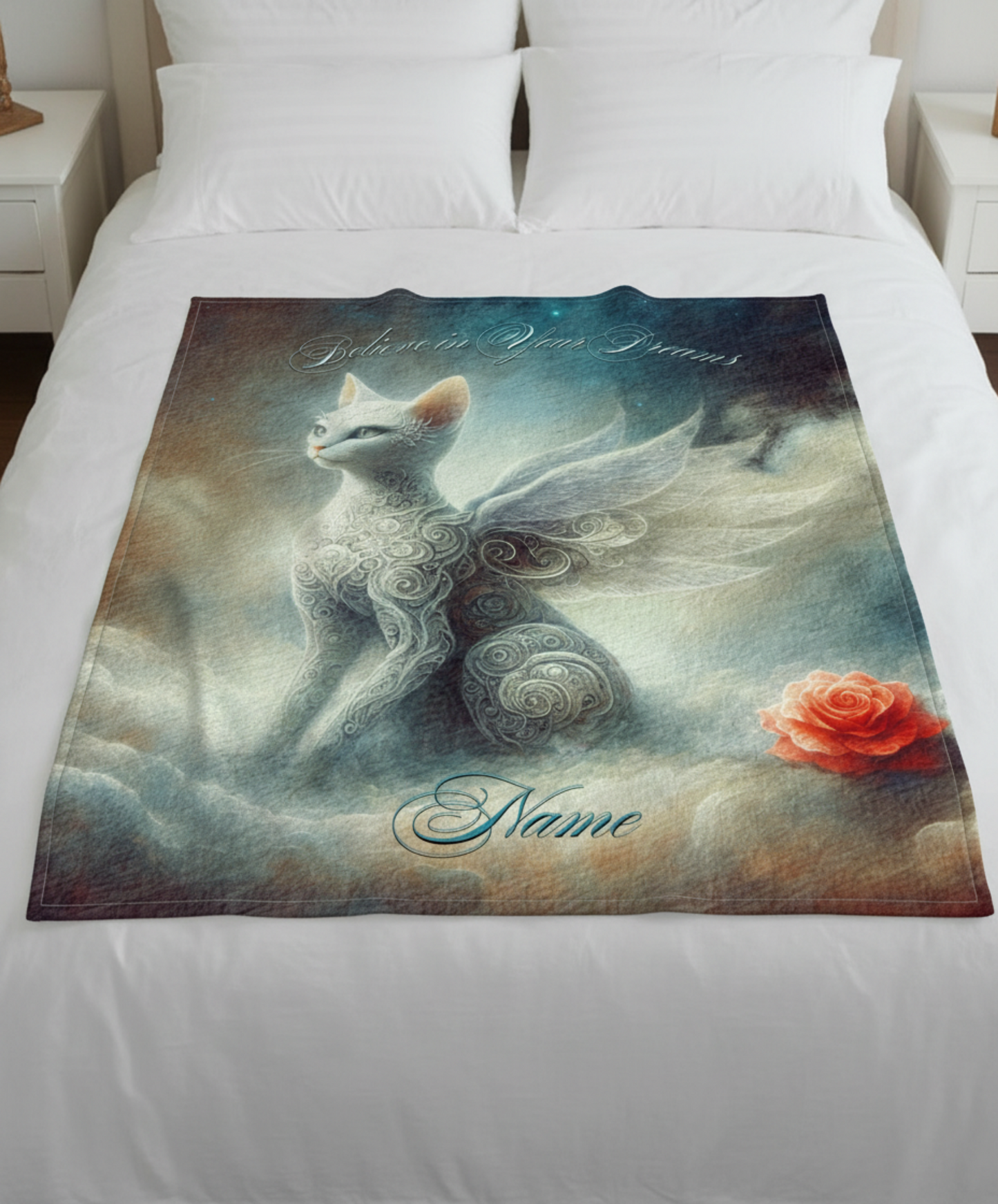 Personalized Fantasy Winged Cat Believe in Your Dreams Throw Blanket — Custom Name Gift