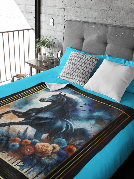 Personalized Black Arabian Horse Moonlight Flowers Throw Blanket - 50"x60" Custom Name Blanket