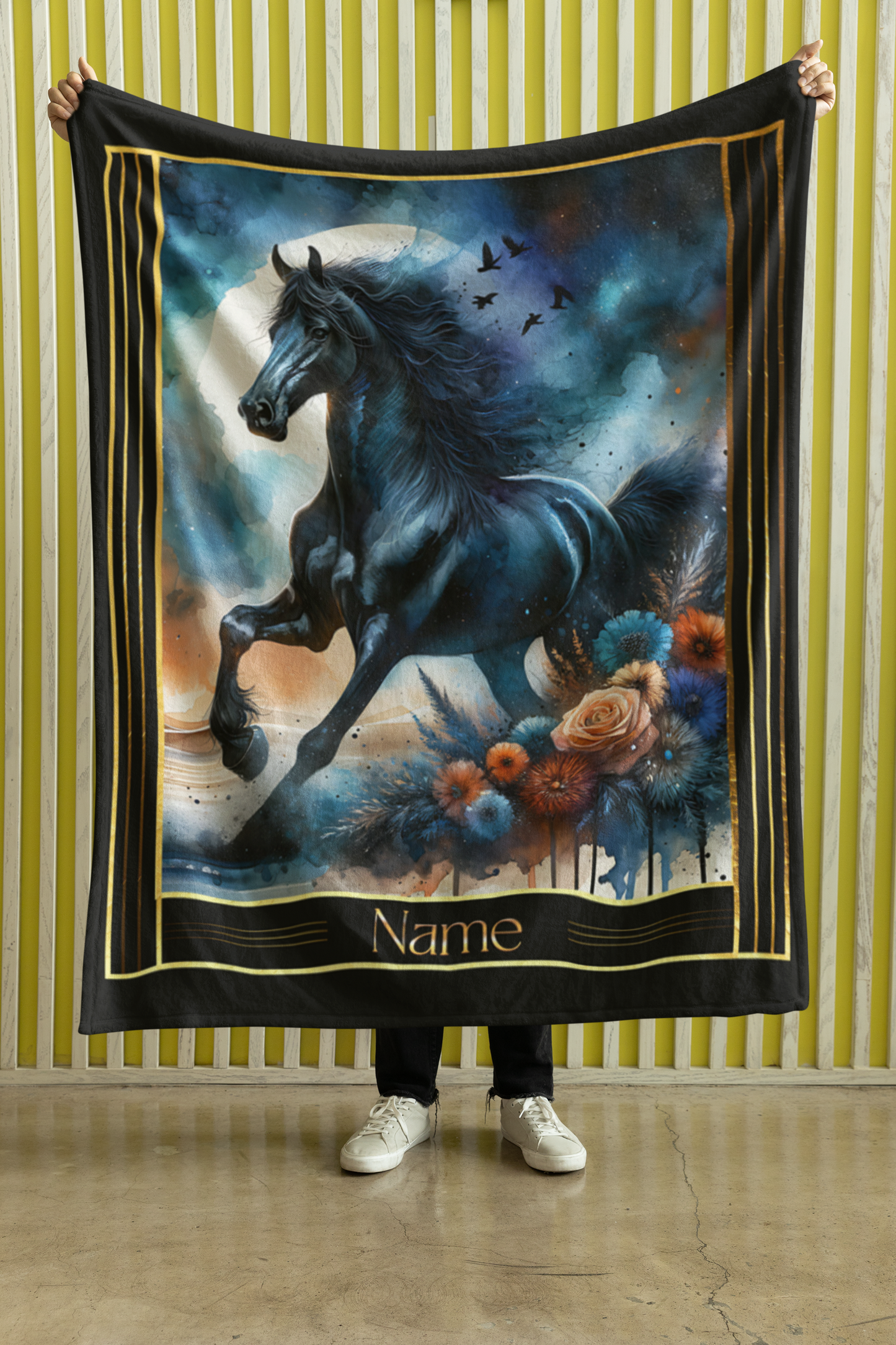 Personalized Black Arabian Horse Moonlight Flowers Throw Blanket - 50"x60" Custom Name Blanket