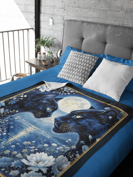 Personalized Black Cat & Panther Full Moon Couple Throw Blanket — Custom Name Gift