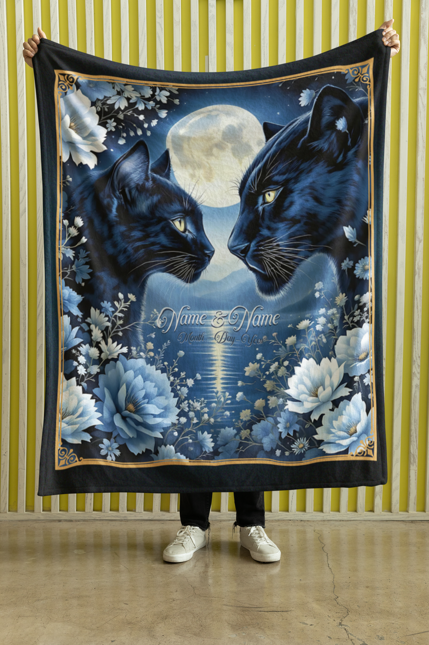 Personalized Black Cat & Panther Full Moon Couple Throw Blanket — Custom Name Gift