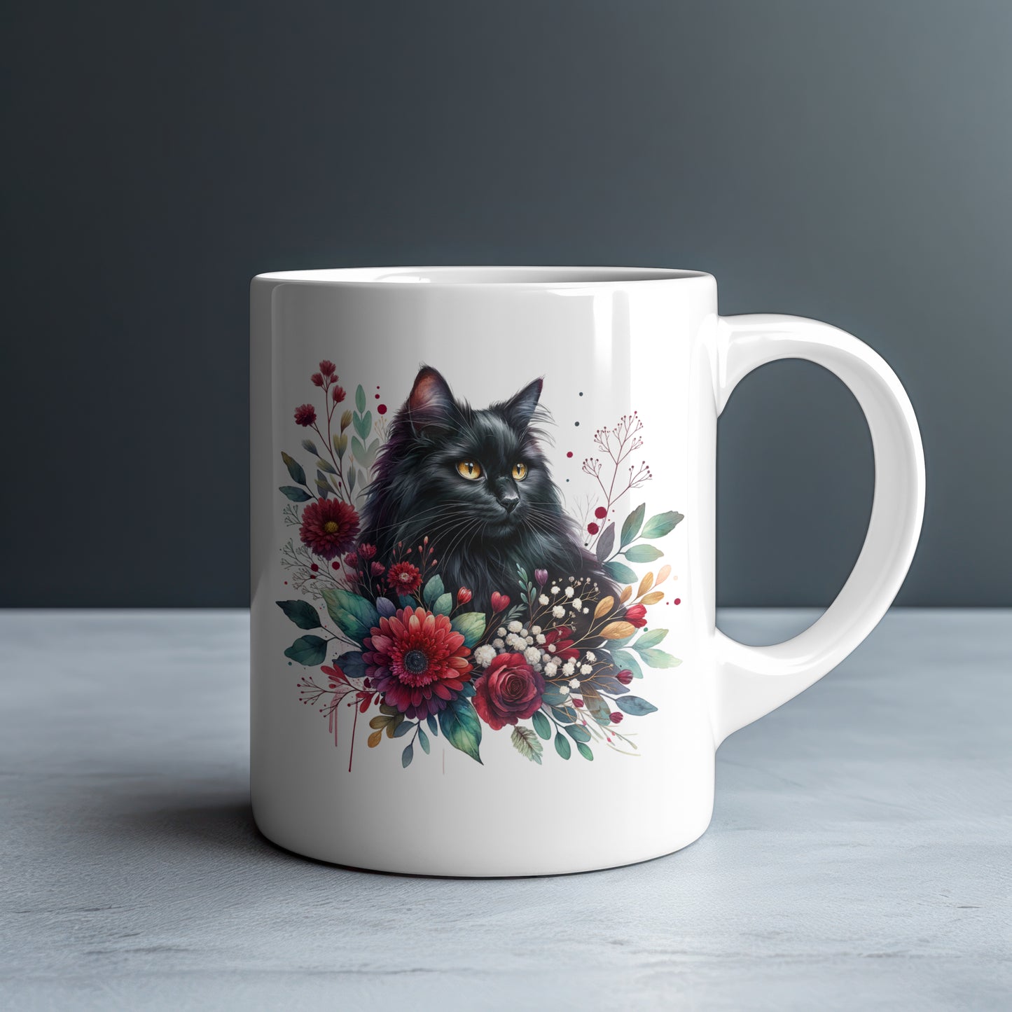 Personalized Fluffy Black Cat with Crimson Dahlias and Golden Foliage Mug — Custom Name Gift